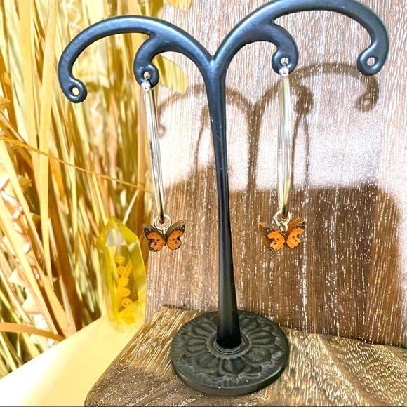 Stainless Steel Wooden Butterfly Hoop Earrings - Picture 2 of 3